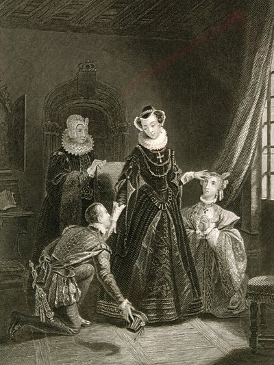 Maria Stuart (1542-87) in Begleitung von Höflingen von English School